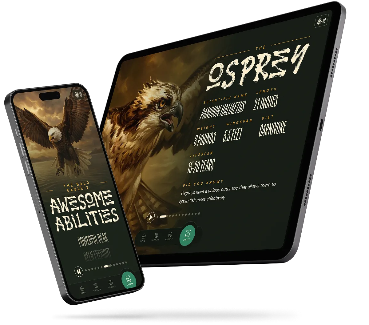 Creature Battle on phone and tablet displaying animal abilities